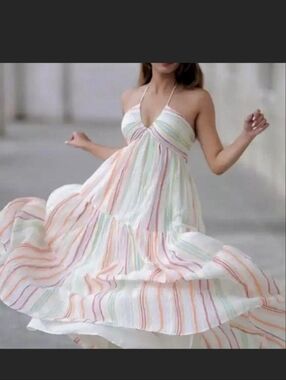 American Eagle Outfitters White Maxi Dress with Pastel Stripes Size XL